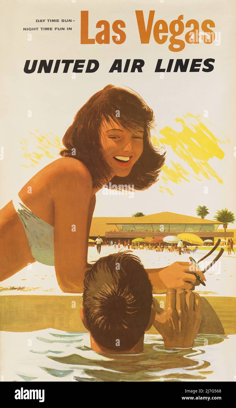 Vintage 1950s Travel Poster - Day Time Sun Night Time Fun in Las Vegas . Stock Photo