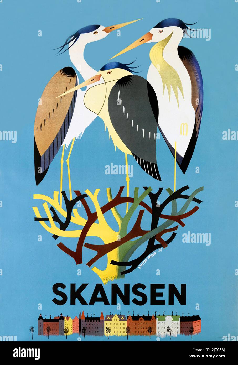 Vintage 1930s Travel Poster - Skansen - The Oldest open-air museum and zoo in Sweden located on the island Djurgården in Stockholm, Sweden. Stock Photo
