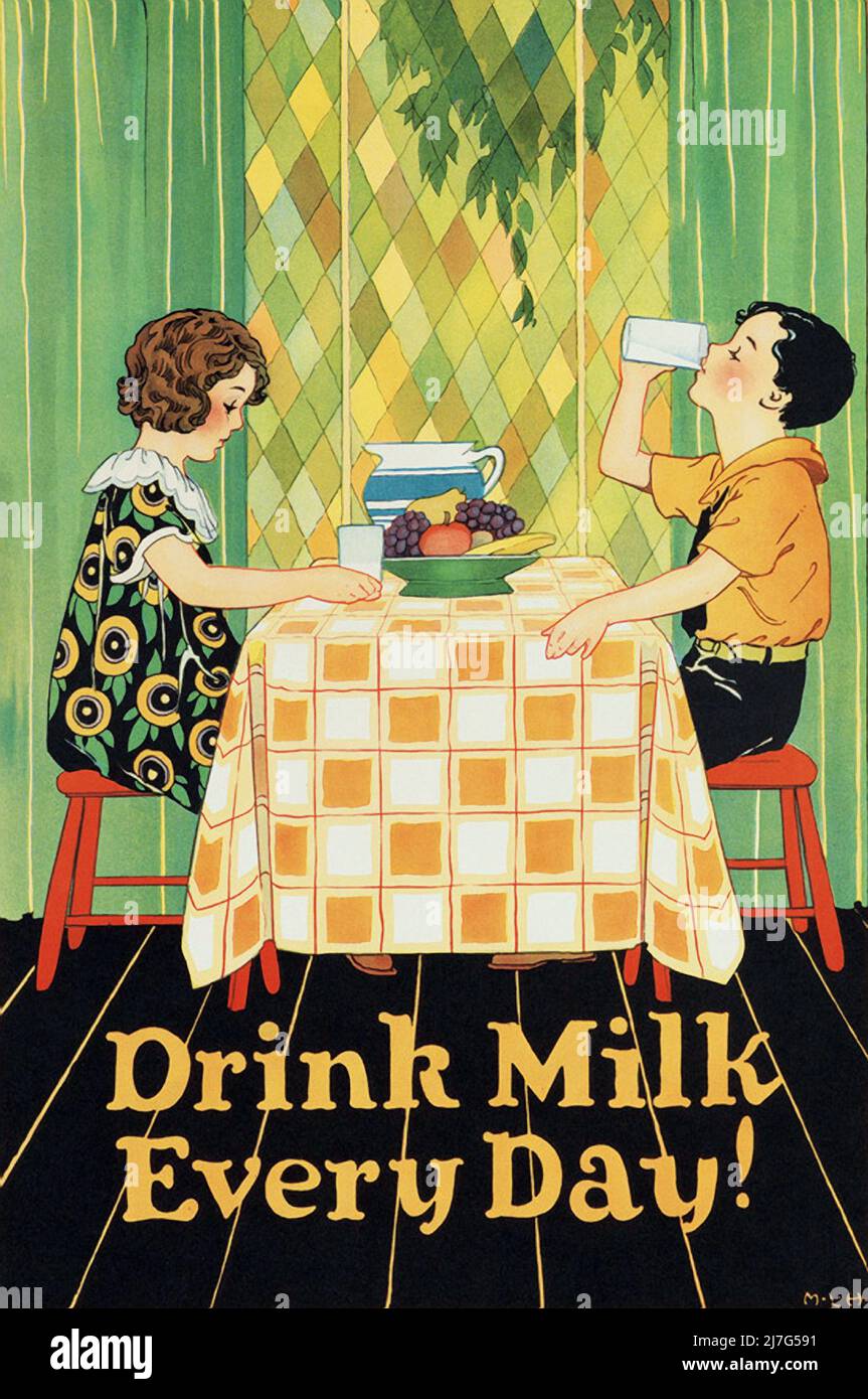 Vintage 1930s Poster - Drink Milk Every Day Stock Photo - Alamy