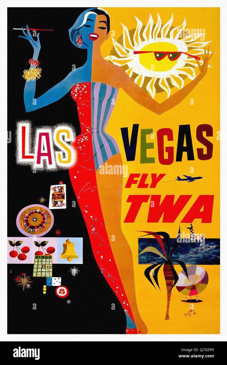 Original Vintage 1950’s Travel Poster - LAS VEGAS fly TWA  Trans World Airlines Poster by David Klein 'Las Vegas Fly TWA Stock Photo