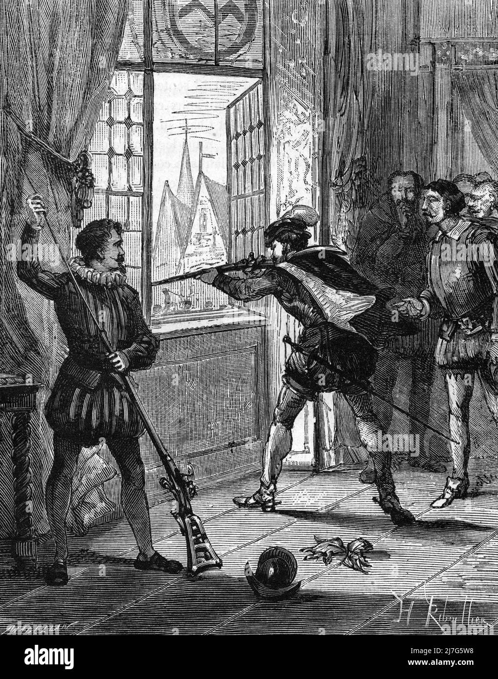 'Massacres de la nuit de la saint Barthelemy 24 aout 1572 : le roi Charles IX (1550-1574) tirant sur son peuple' (Charles IX of France  shooting on the mob on the St Bartholomew's Day massacre) Gravure tiree de 'Les mysteres du grand monde' de Fulgence Girard Collection privee Stock Photo