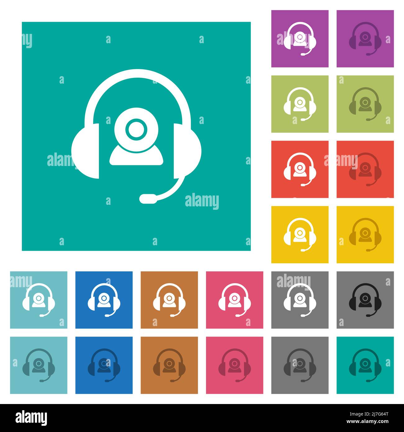 Video assistance solid multi colored flat icons on plain square backgrounds. Included white and darker icon variations for hover or active effects. Stock Vector