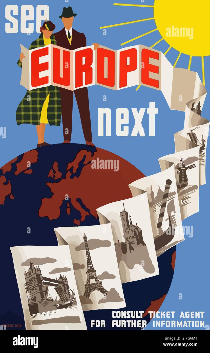 Vintage 1950s Travel Poster - See Europe next Stock Photo