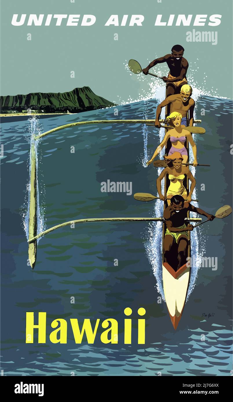 Vintage 1960s Travel Poster - Hawaii - poster showing people paddling an outrigger canoe. In the background, Diamond Head and Waikiki Beach Stock Photo