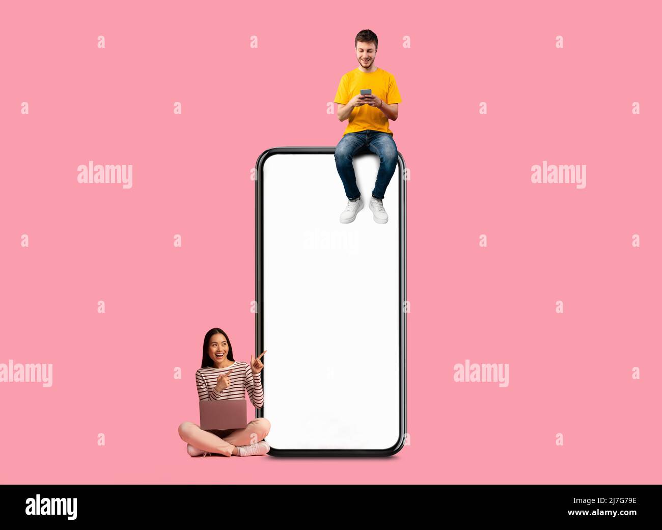 People sitting on white empty smartphone screen and using gadgets Stock Photo