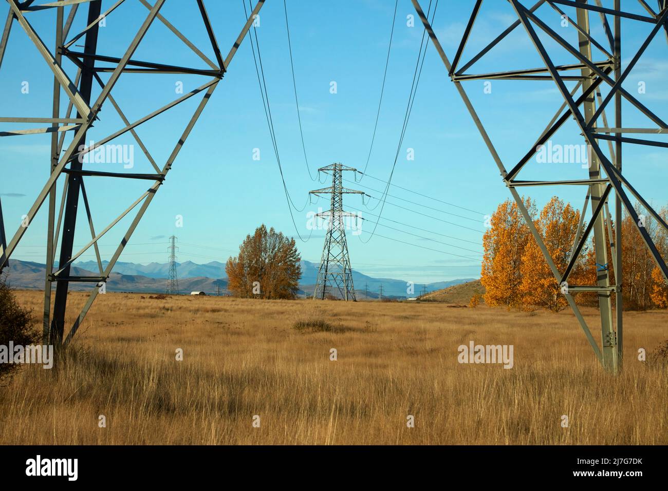 Power pylons near Twizel, North Otago, South Island, New Zealand Stock Photo