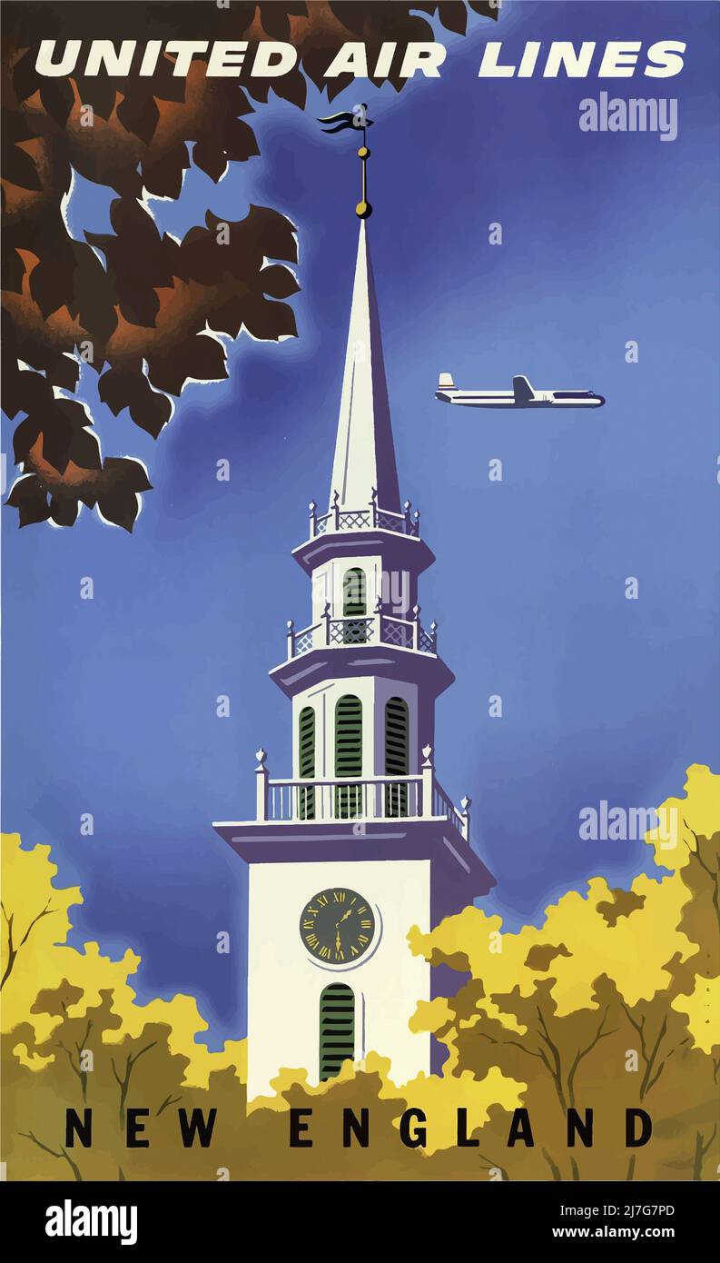Vintage 1950s Travel Poster - New England - United Air Lines Stock Photo