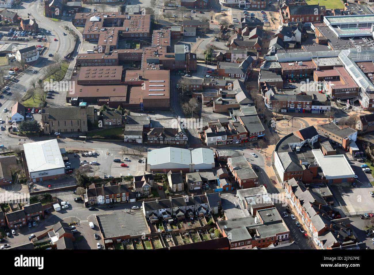 aerial view of Sutton-in-Ashfield town centre, Nottinghamshire Stock Photo