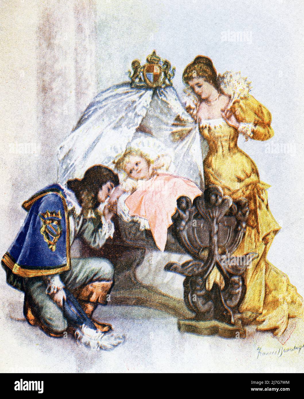 This image, dating to around 1899, shows the Henry the Fifth with his son, the baby king. Henry was born on 6 December 1421 at Windsor Castle, the only child and heir of King Henry V. Succeeding to the throne as King of England at the age of nine months on 1 September 1422, the day after his father's death; he remains the youngest person ever to succeed to the English throne. The artist is Frances Brundage, an American who died in 1937. Stock Photo