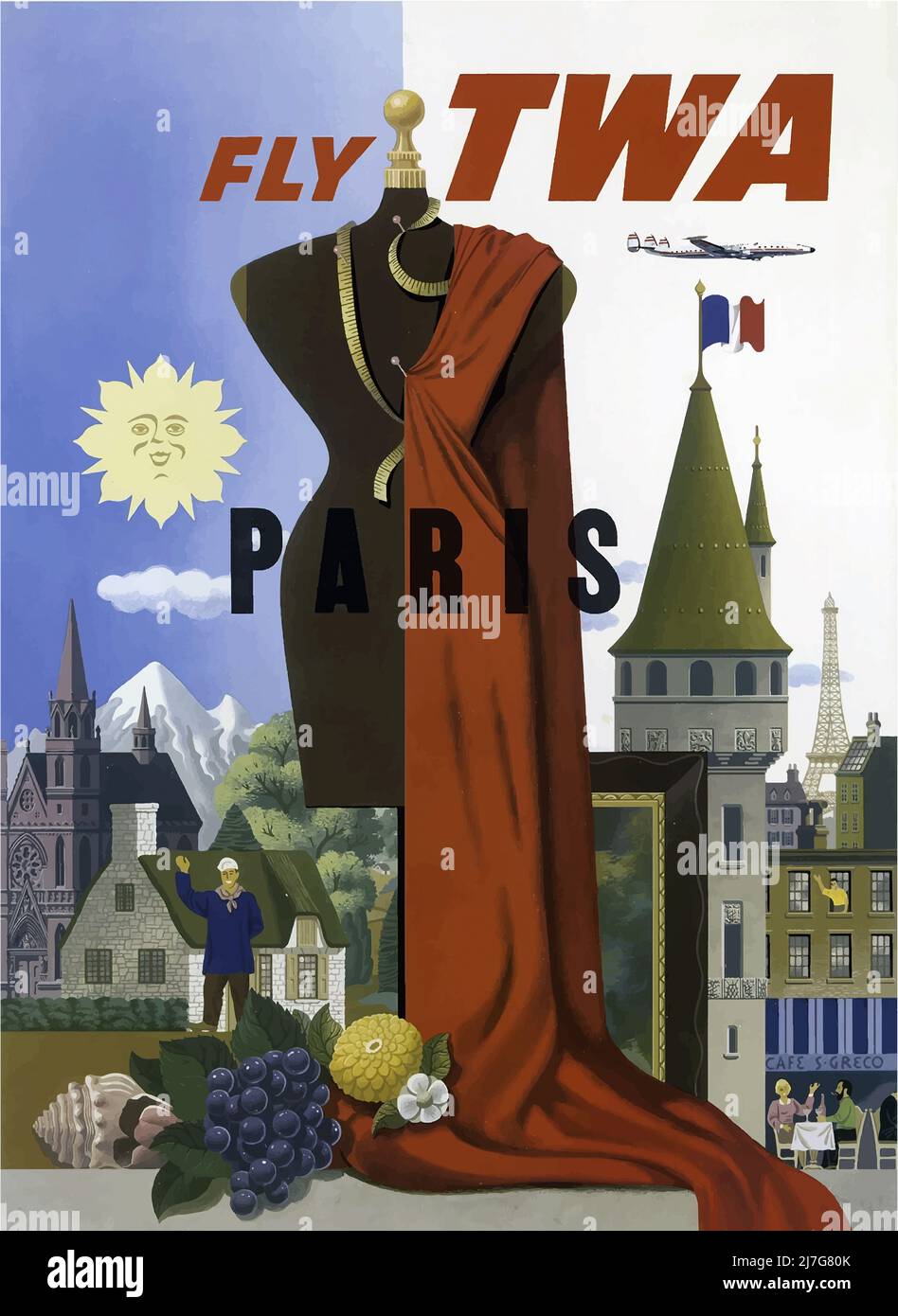 Vintage 1960s Travel Poster Fly TWA, To Paris , TWA – Trans World Airlines. High resolution poster. Stock Photo