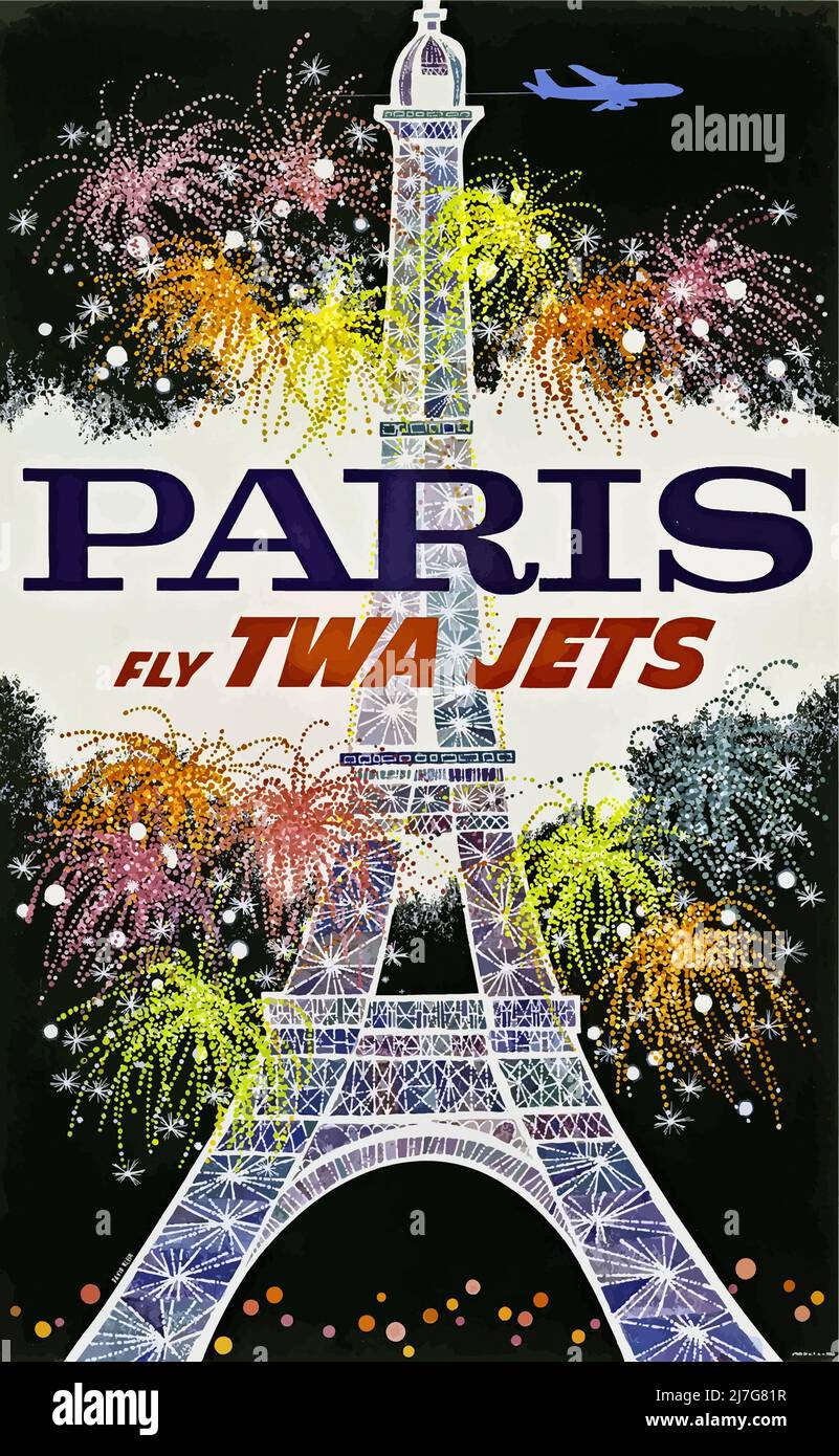 Vintage 1960s Travel Poster Fly TWA, To Paris , TWA – Trans World Airlines. High resolution poster. Stock Photo