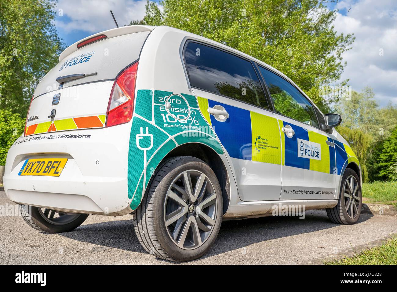 Electric, Zero emission police car - offside, rear view. Stock Photo