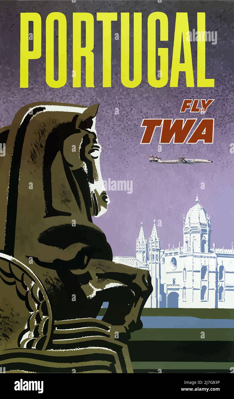 Vintage 1960s Travel Poster Fly TWA, To Portugal, TWA – Trans World Airlines. High resolution poster. Stock Photo