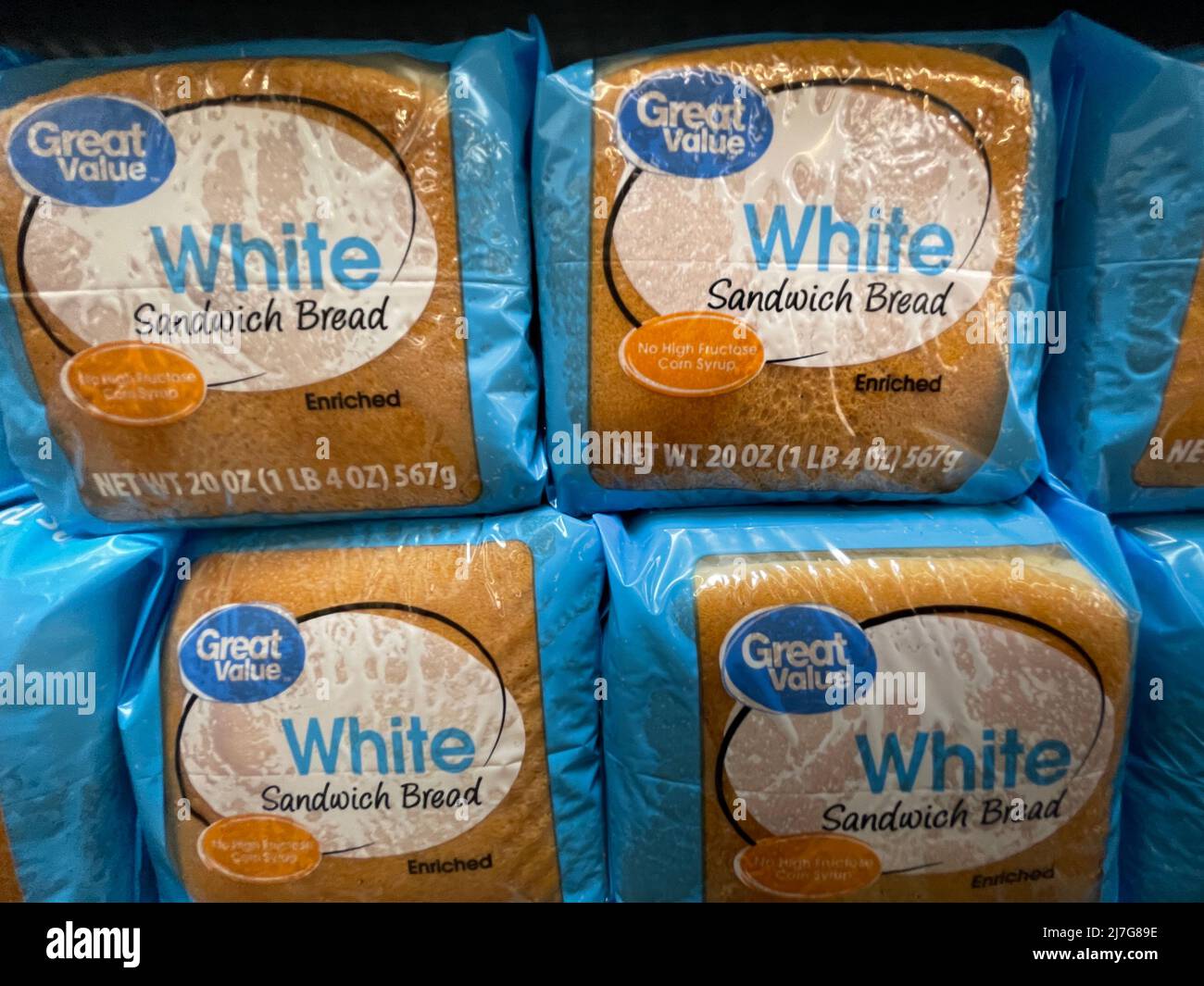 Grovetown, Ga USA - 04 20 22: Walmart sliced bread section White bagged bread Stock Photo