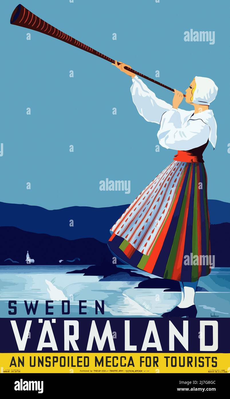 Vintage 1930s Travel Poster - Varmland, Sweden - Lady in Traditional Dress Blowing a Horn Stock Photo