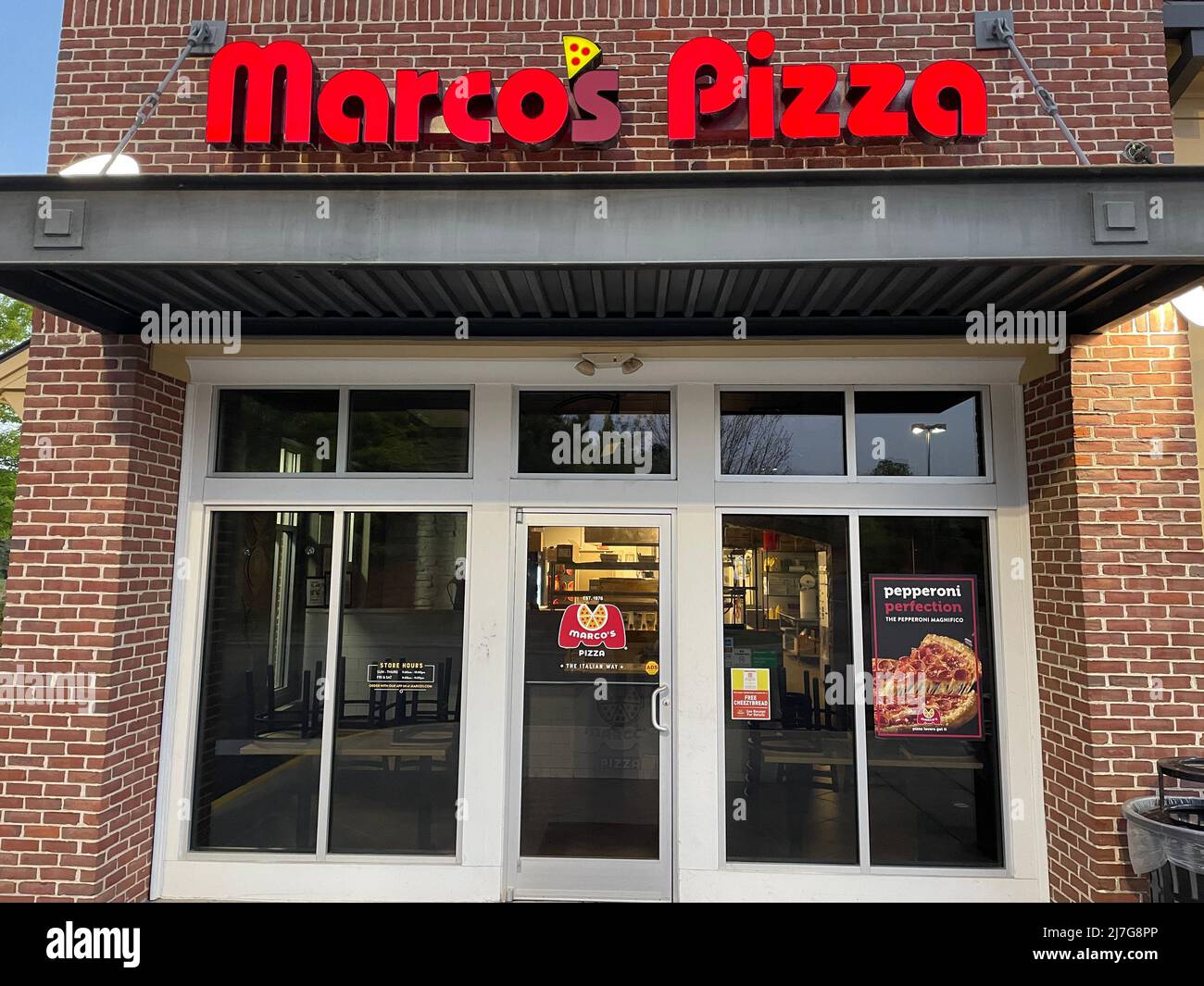 Augusta, Ga USA - 04 27 22: Marcos pizza restaurant sign and entrance Stock Photo
