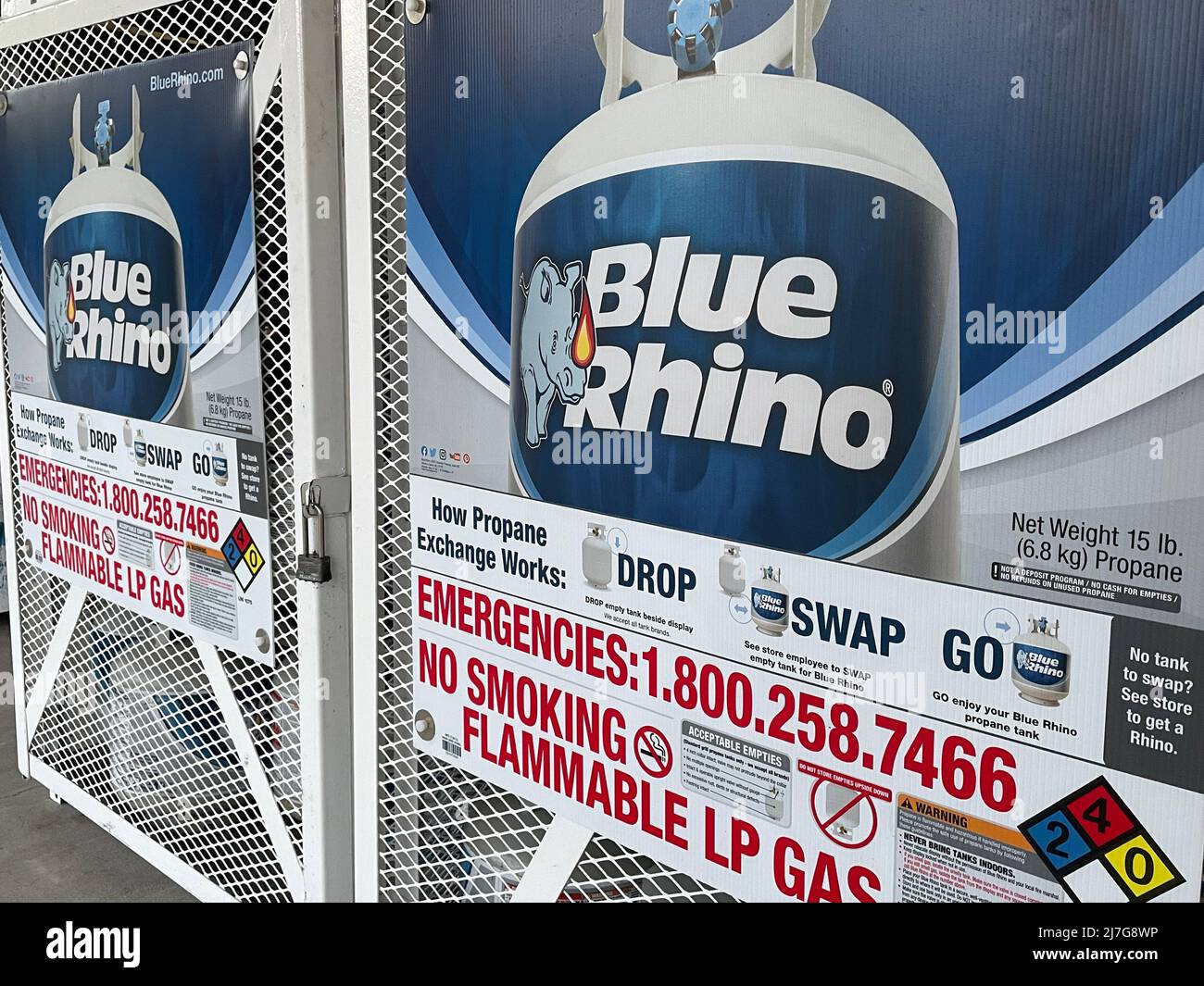 Augusta, Ga USA - 04 27 22: Blue Rhine gas propane tank exchange side view Stock Photo