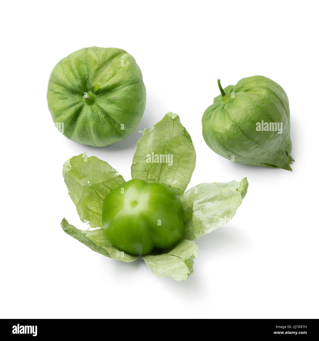 Fresh green tomatillo with and without a husk on white background Stock
