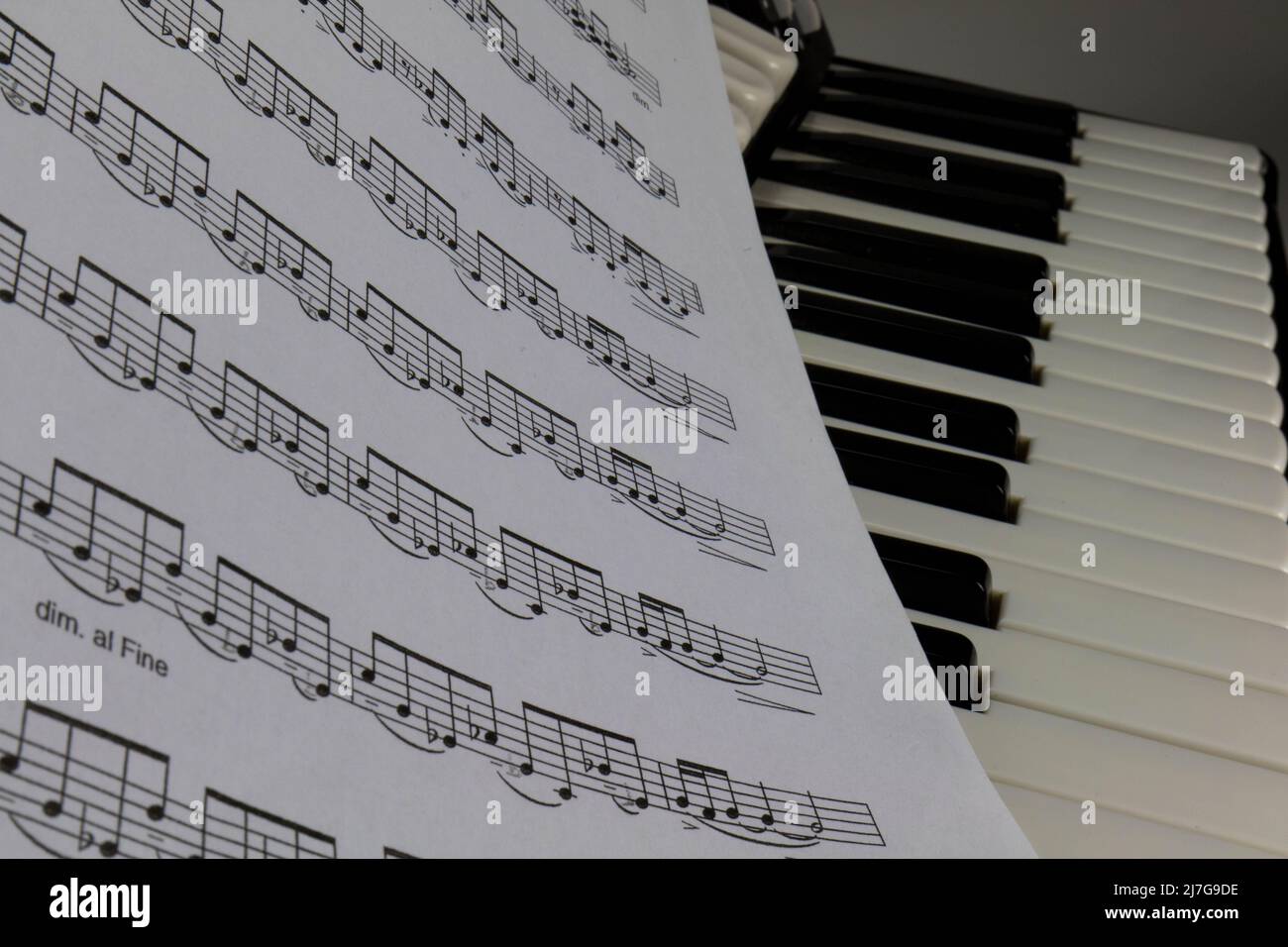 Detailed view, fragments of the musical instrument accordion with  sheet music. closeup Stock Photo