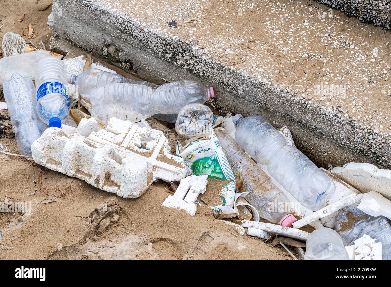Plastic pollution on the beaches. Puglia, Italy, Europe Stock Photo