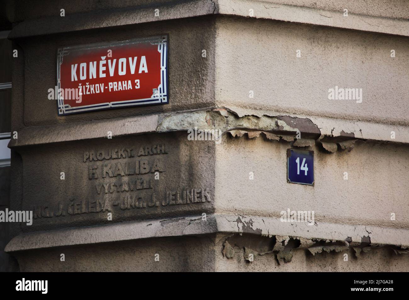 Koněvova Street. Traditional red street sign in Žižkov district in Prague, Czech Republic. The street is named after Soviet military commander Ivan Konev (also spelled Ivan Koněv) who was a commander of the 1st Ukrainian Front of the Red Army which attended the liberation of Prague during the last days of World War II. Stock Photo