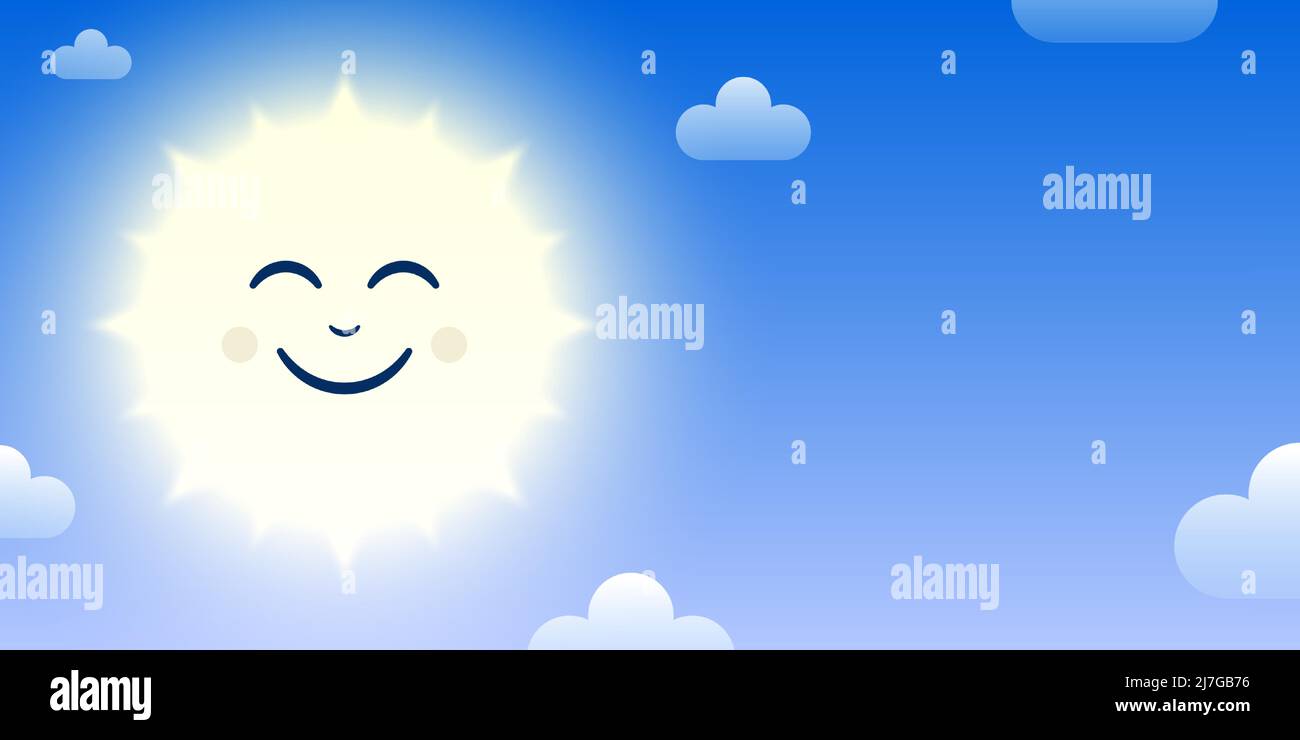 Smiling sun cartoon character on blue sky background with white clouds. Morning sun vector banner. Stock Vector