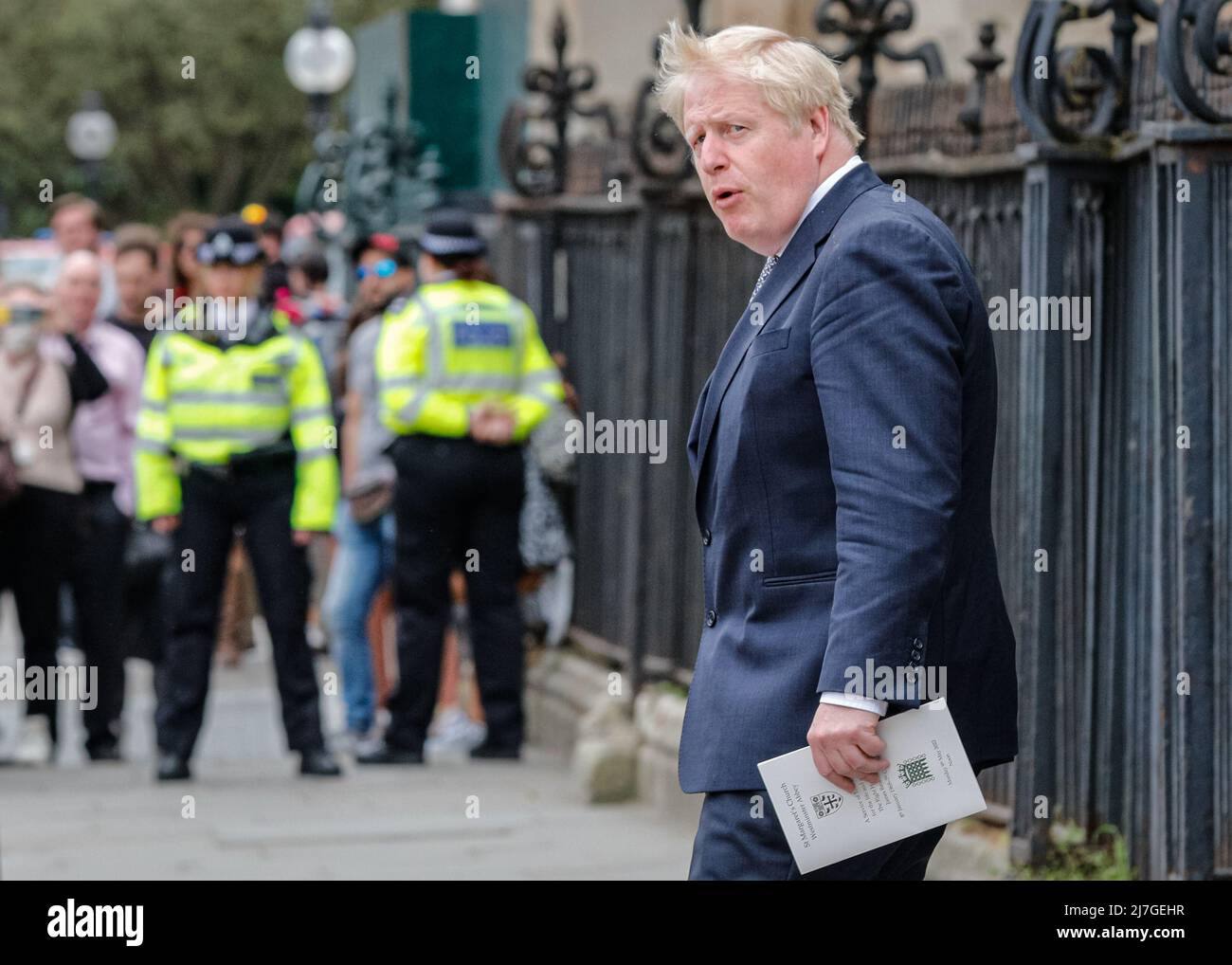 London, UK. 9th May, 2022. Prime Minister Boris Johnson exits the church. The memorial service for MP James Brokenshire, who died aged 53 last year, is held at St Margaret 's Church in the grounds of Westminster Abbey today. The service is attended by Prime Minister Boris Johnson, former Prime Ministers David Cameron and Theresa May, cabinet ministers, MPs and other guests. Credit: Imageplotter/Alamy Live News Stock Photo