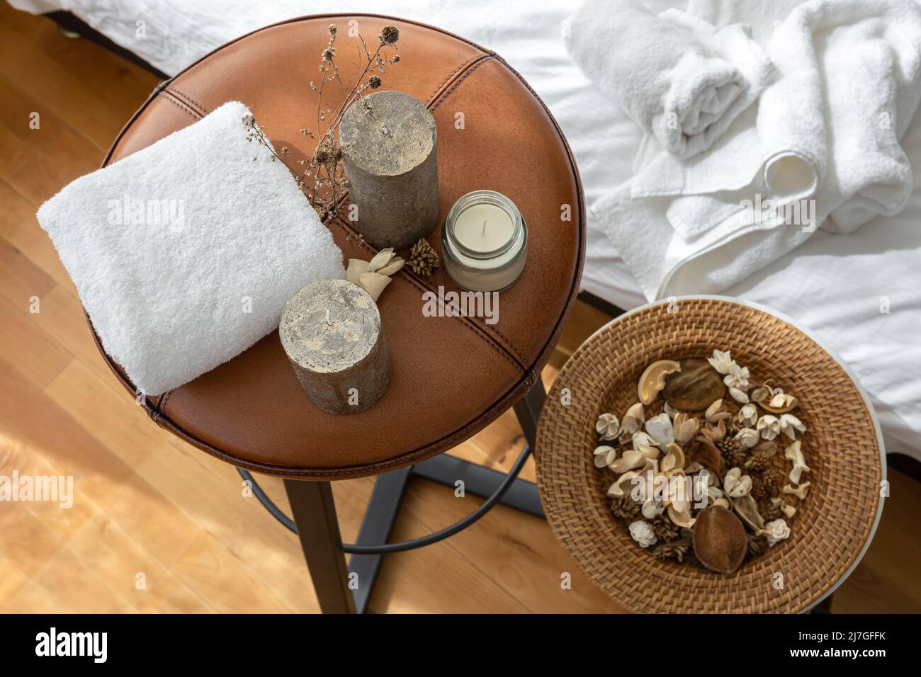 Spa composition with candles and towel, top view. Stock Photo
