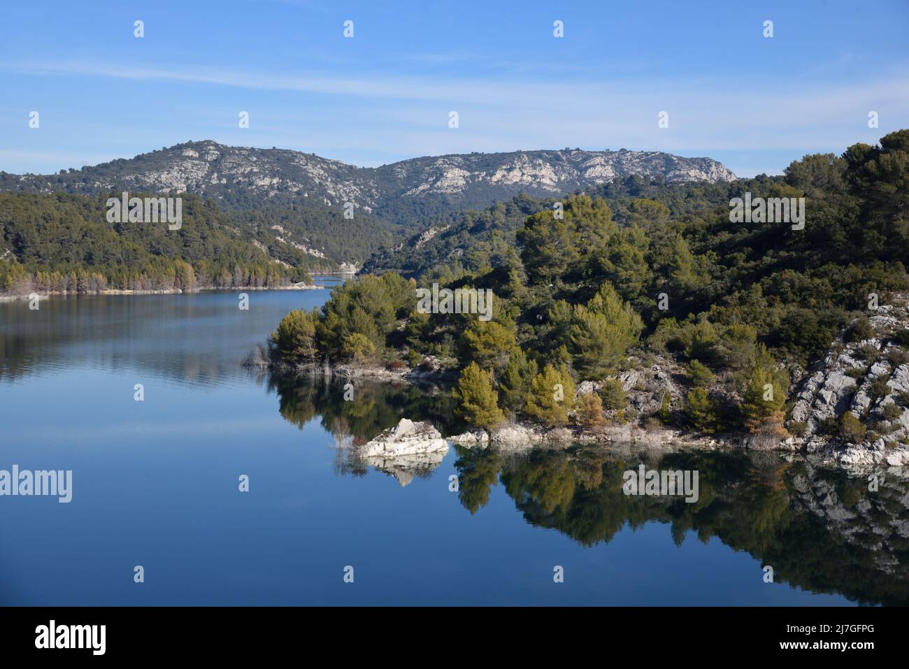 Bimont Lake or Reservoir from the Barrage de Bimont, or Bimont Dam, & the Montagne Sainte-Victoire near Aix-en-Provence Provence France Stock Photo