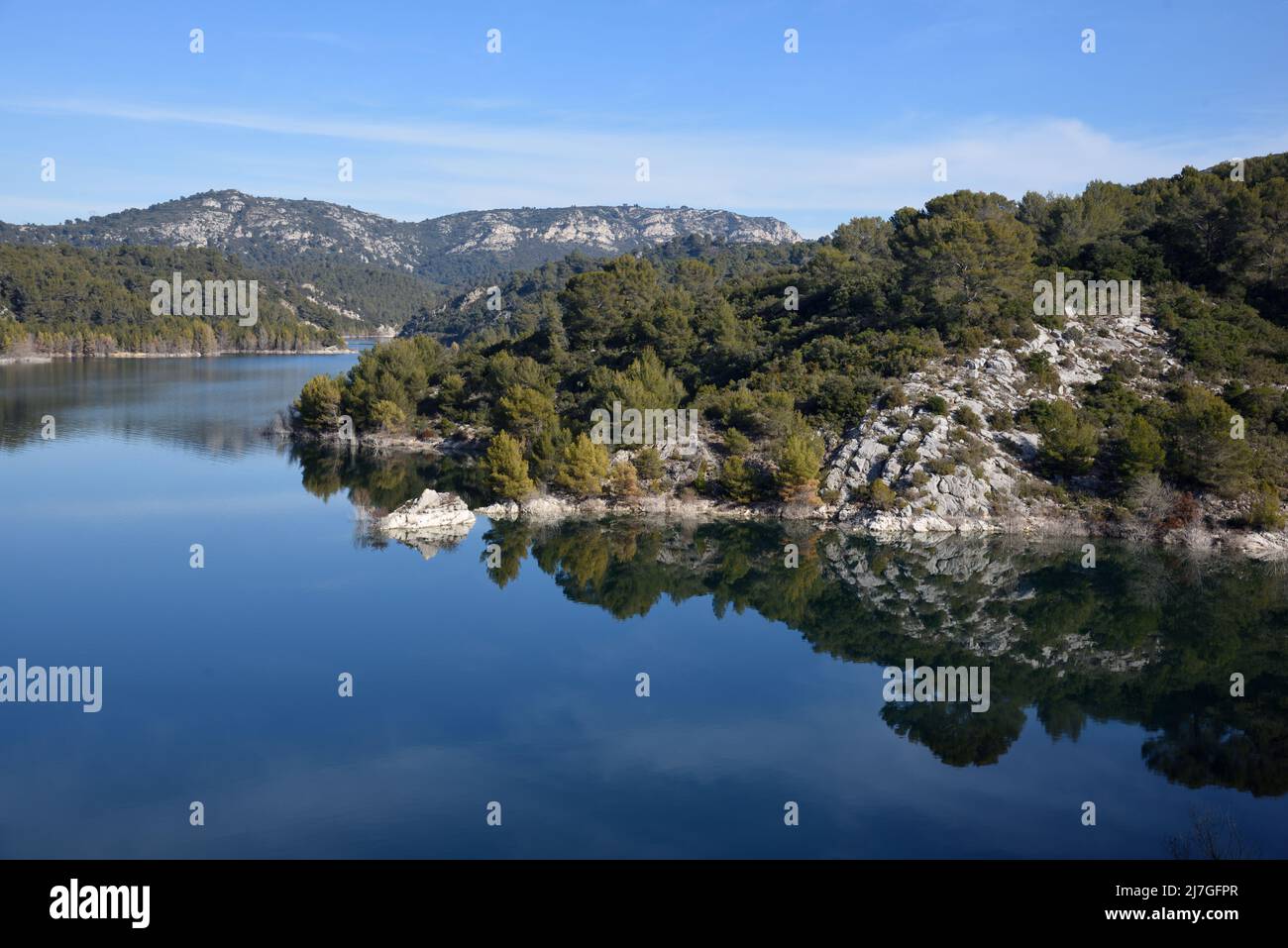 Bimont Lake or Reservoir from the Barrage de Bimont, or Bimont Dam, & the Montagne Sainte-Victoire near Aix-en-Provence Provence France Stock Photo