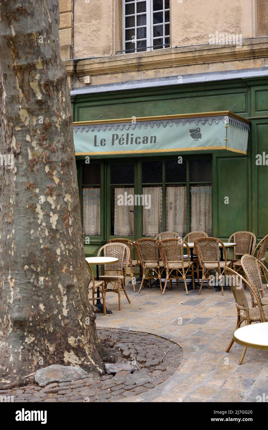 Traditional Pavement Cafe, Le Pelican Cafe, & Plane Tree Aix-en-Provence Provence France Stock Photo