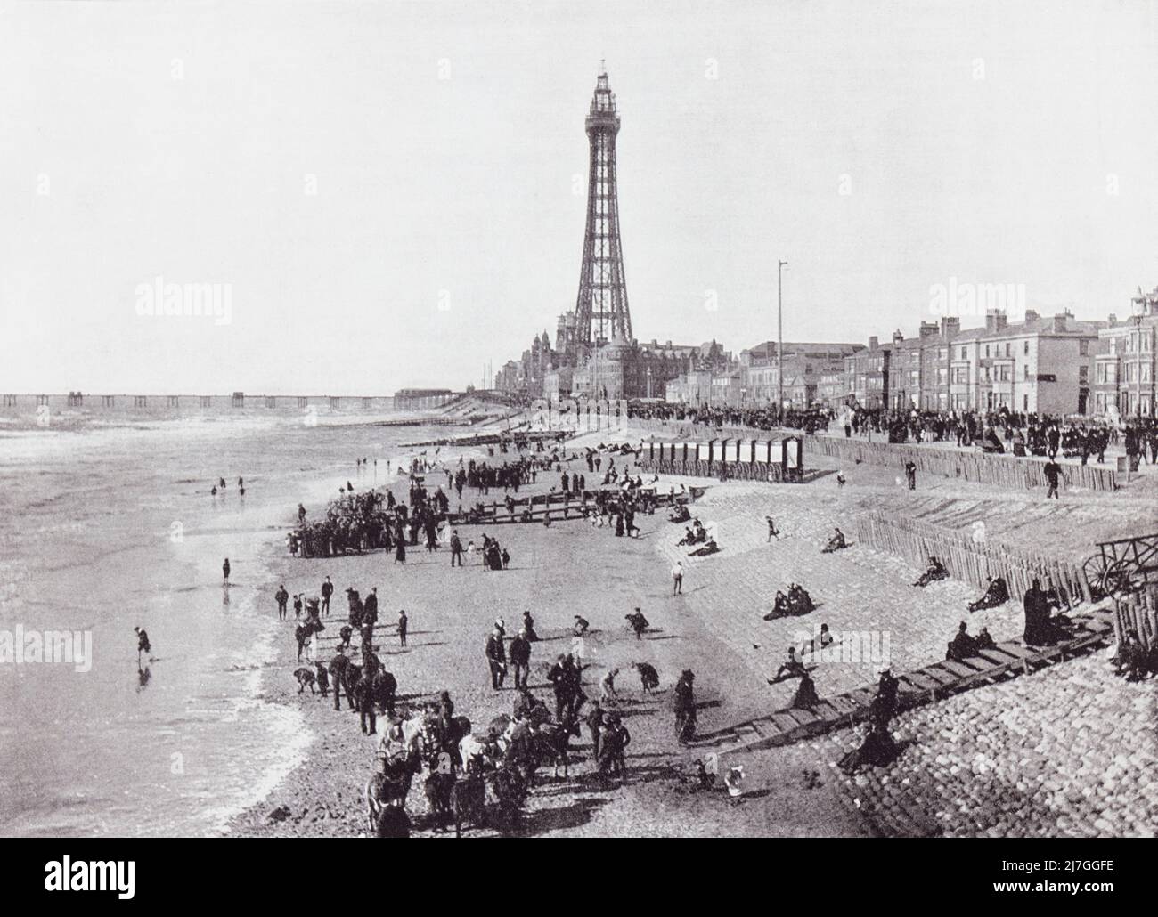 Blackpool, Lancashire, England.  The front and the tower seen here in the 19th century.  From Around The Coast,  An Album of Pictures from Photographs of the Chief Seaside Places of Interest in Great Britain and Ireland published London, 1895, by George Newnes Limited. Stock Photo