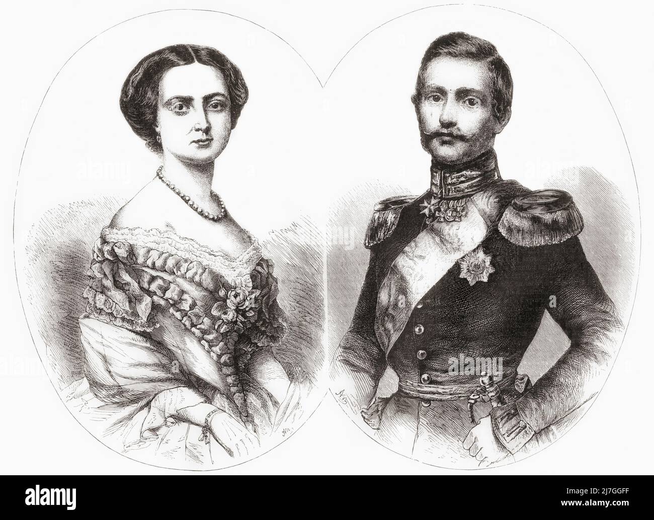 Frederick III, 1831 – 1888, aka Friedrich III. German Emperor and King of Prussia.  Victoria, Princess Royal, 1840 –1901. German Empress and Queen of Prussia as the wife of German Emperor Frederick III.  From L'Univers Illustre, published Paris, 1859 Stock Photo