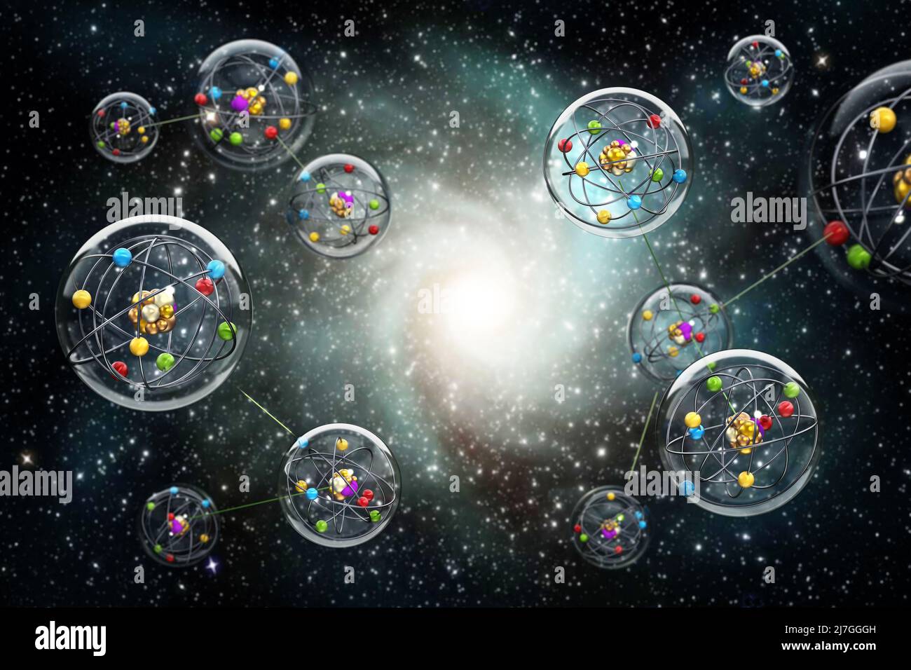 Connected spheres with molecules connected to each other. Parallel universes concept. 3D illustration. Stock Photo