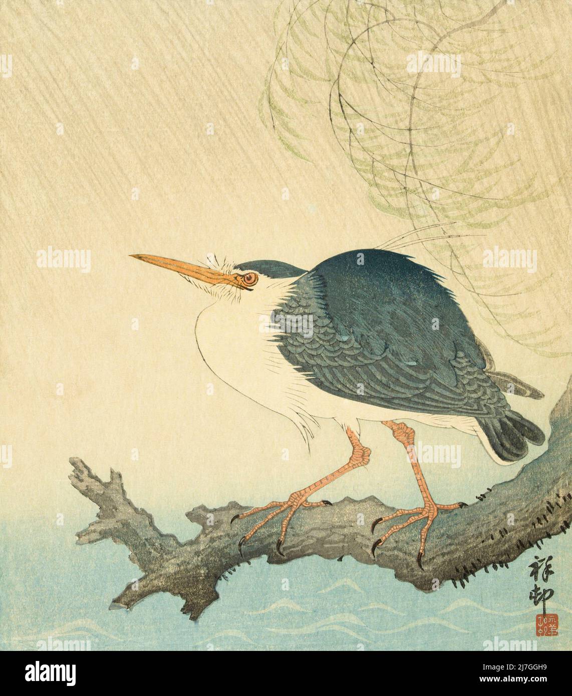 Heron in a Storm, by Japanese artist Ohara Koson, 1877 - 1945.  Ohara Koson was part of the shin-hanga, or new prints movement. Stock Photo