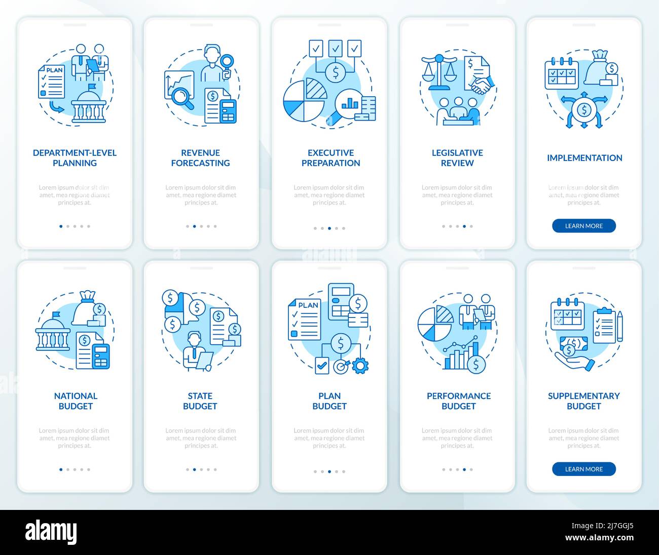 State and government budgeting blue onboarding mobile app screen set ...