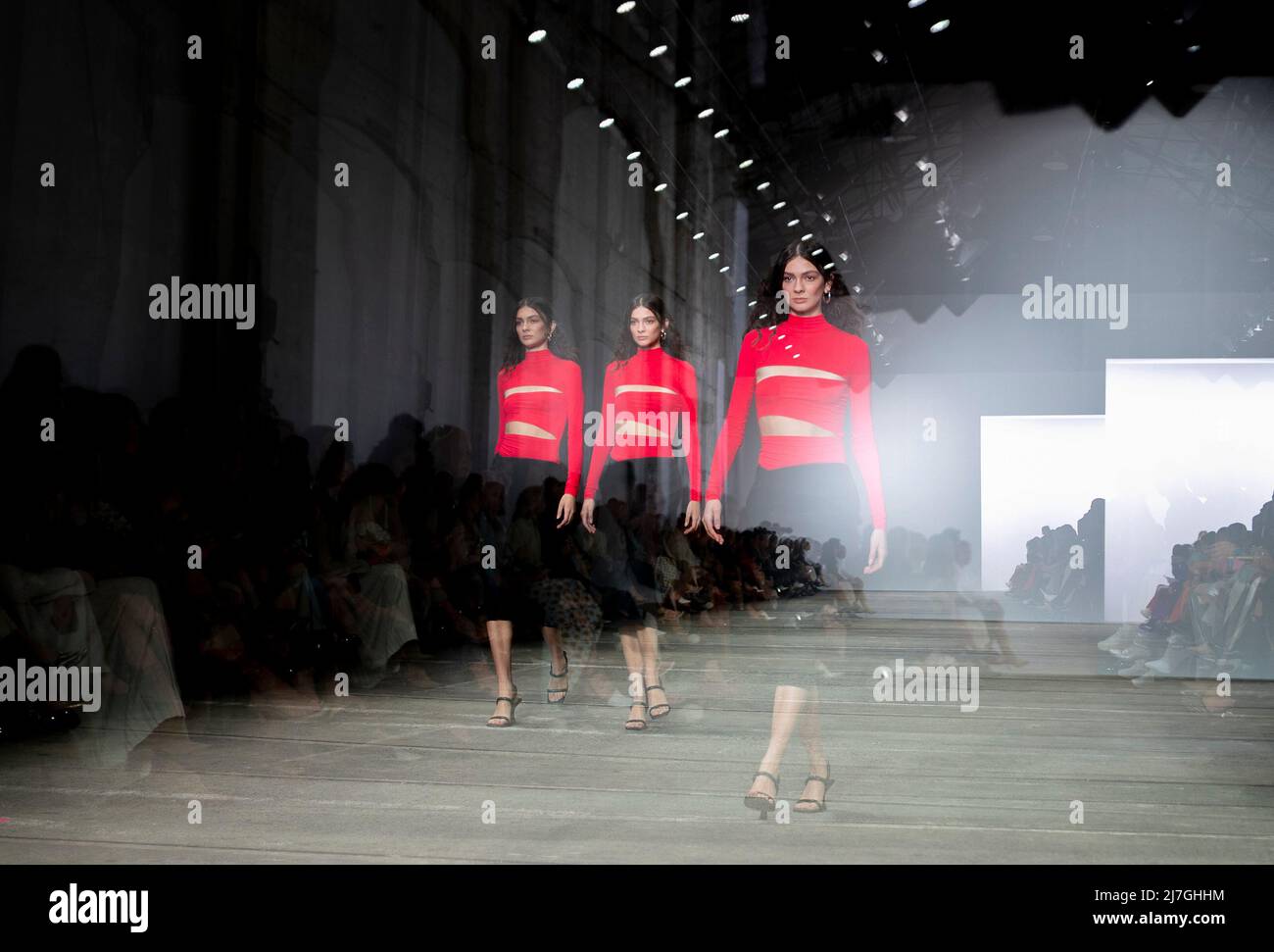 Sydney, Australia. 9th May, 2022. Multiple exposure photo shows a model walking on catwalk during the Afterpay Australian Fashion Week (AAFW) in Sydney, Australia, on May 9, 2022. The AAFW kicked off on Monday with an array of local brands showcasing their resort collections in Sydney. Credit: Bai Xuefei/Xinhua/Alamy Live News Stock Photo