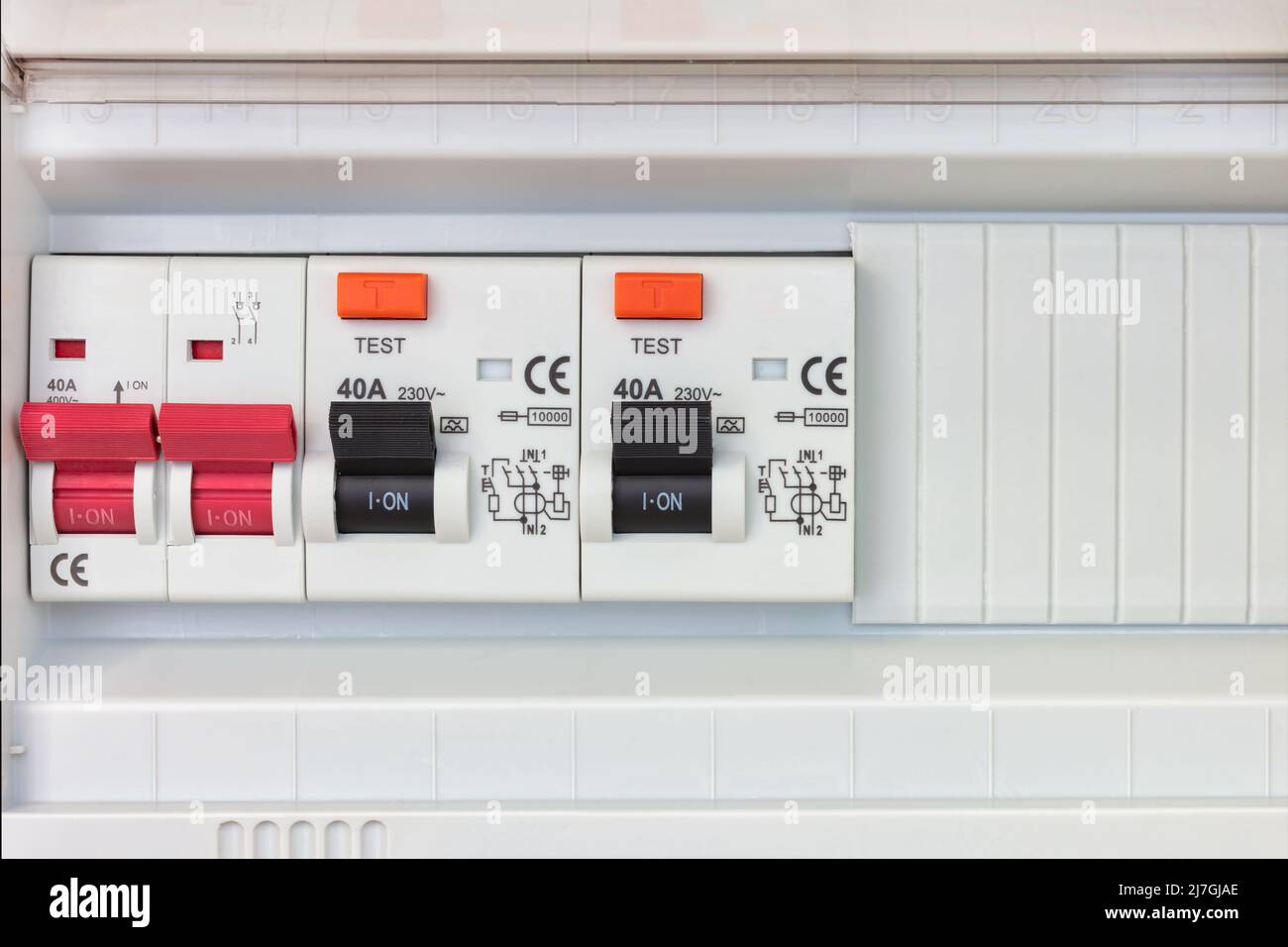 New Dutch fuse box panel with main red power switches Stock Photo