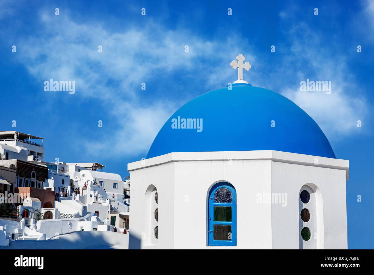 The traditional greek blue dome of the orthodox church with blue sky ...