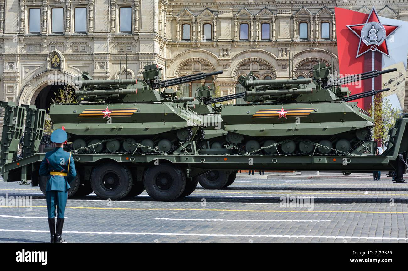 Moscow, Russia. 9th May, 2022. Uran-9 robotic combat vehicles are seen during the Victory Day military parade to mark the 77th anniversary of the victory in the Great Patriotic War on Red Square in Moscow, Russia, May 9, 2022. Credit: Meng Jing/Xinhua/Alamy Live News Stock Photo