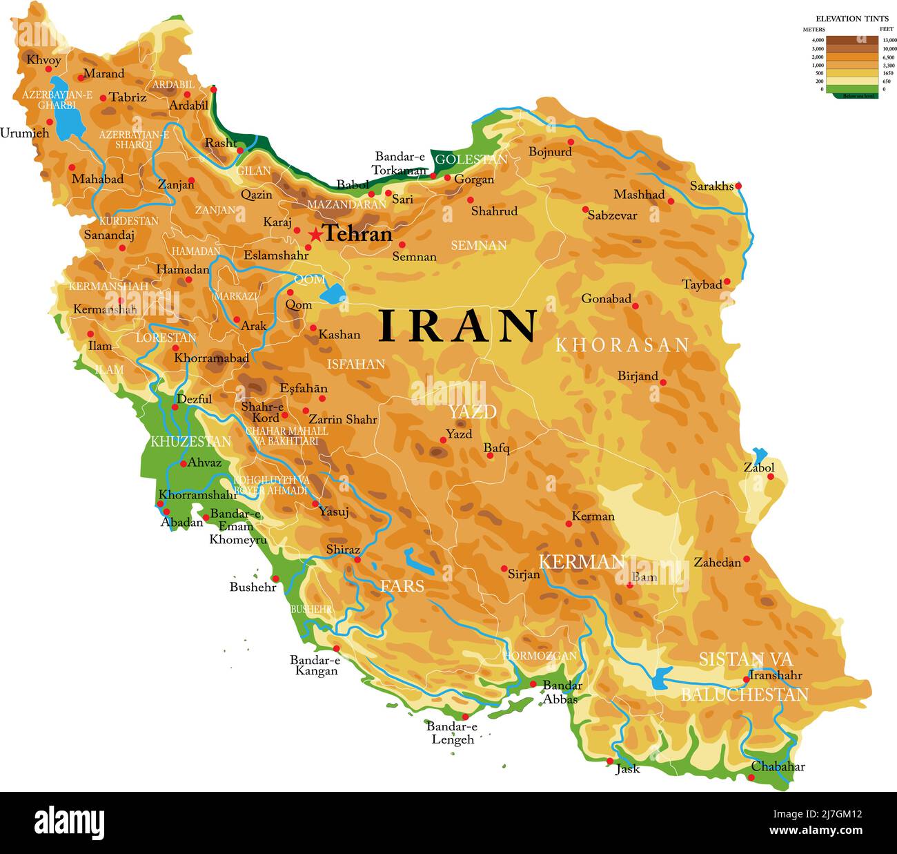 Highly detailed physical map of the Iran,in vector format,with all the relief forms,regions and big cities. Stock Vector