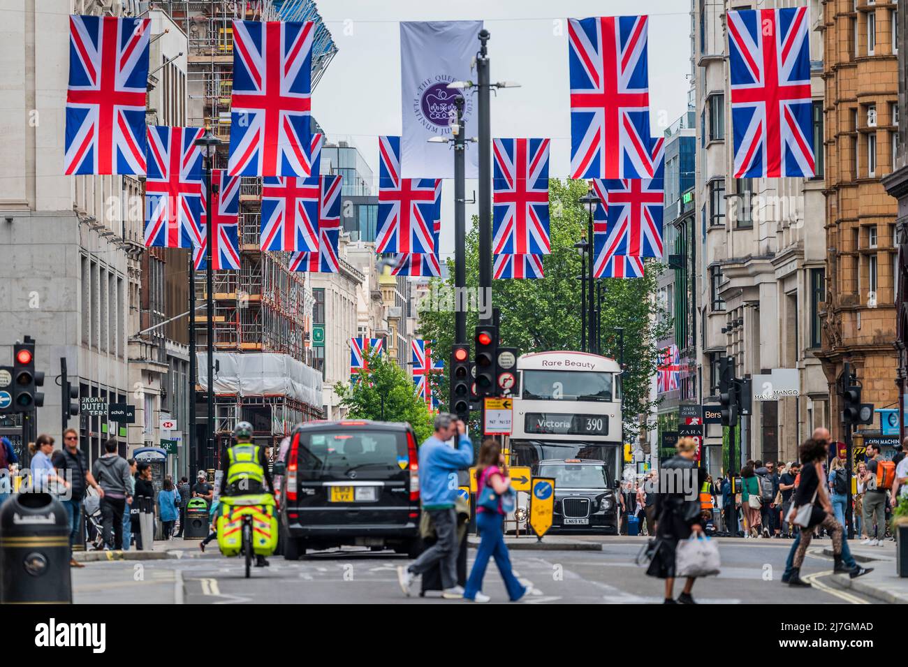 London, UK. 9th May, 2022. Union jacks in Oxford Street Another part of the developing