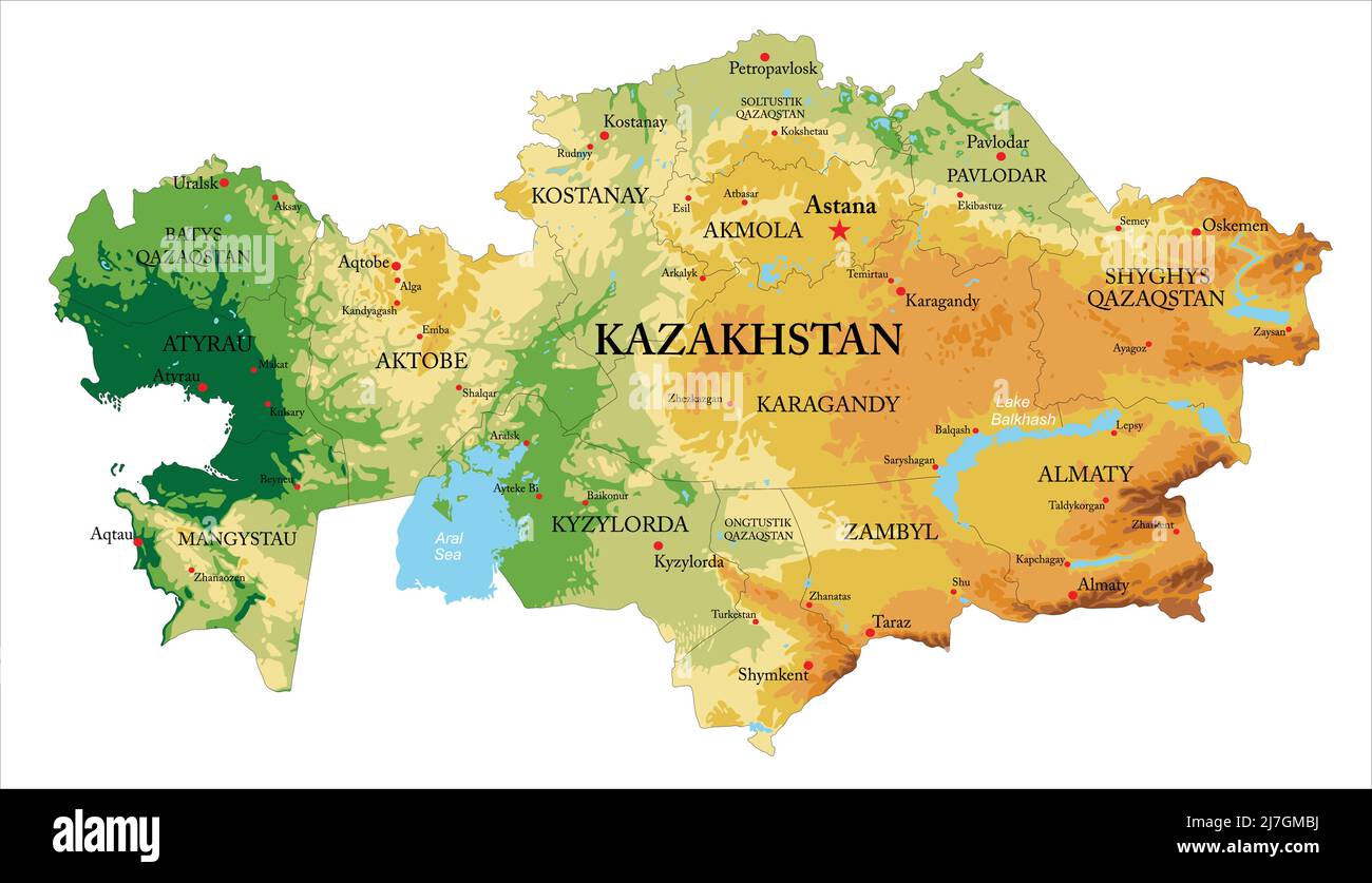 Highly detailed physical map of Kazakhstan,in vector format,with all the relief forms and big cities Stock Vector