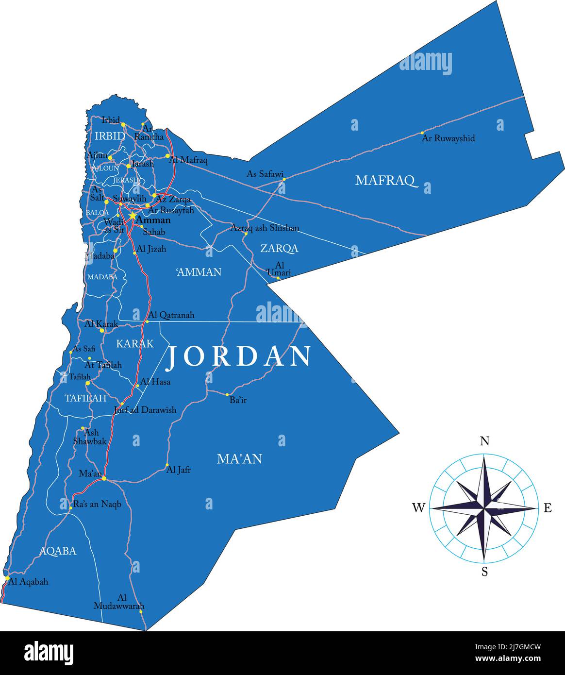 Highly detailed vector map of Jordan with administrative regions, main