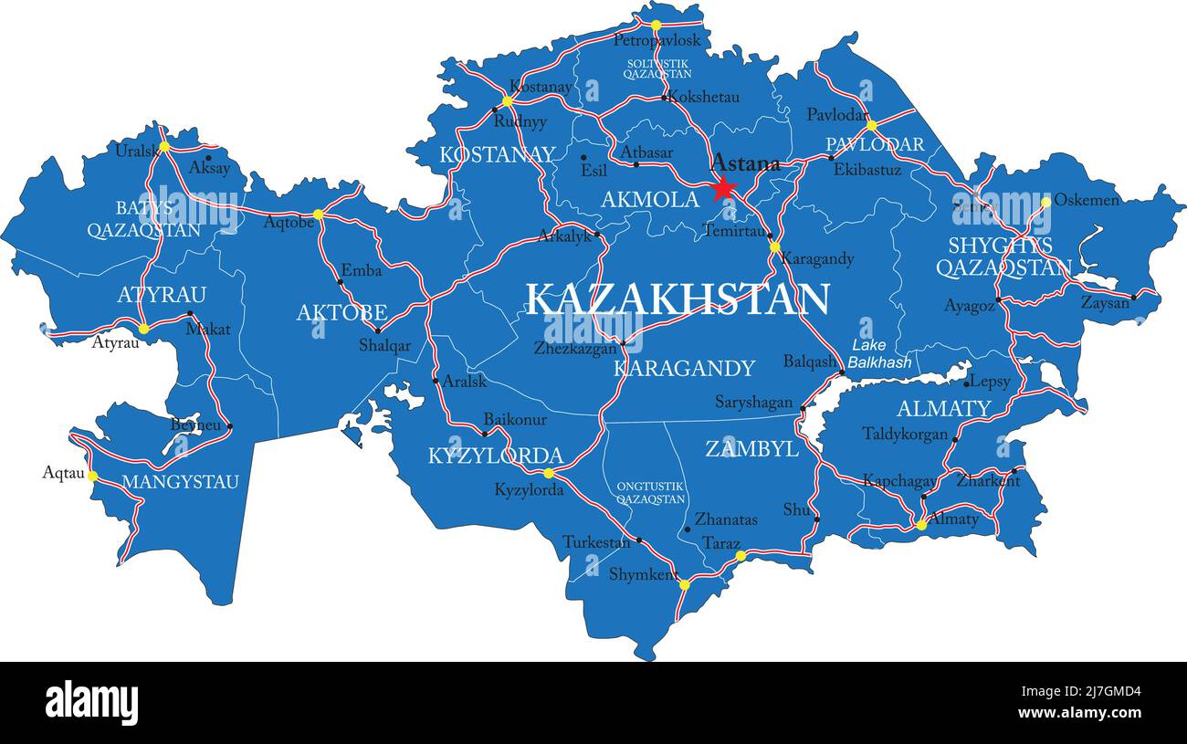 Highly detailed vector map of Kazakhstan with administrative regions,main cities and roads.Zambyl Stock Vector