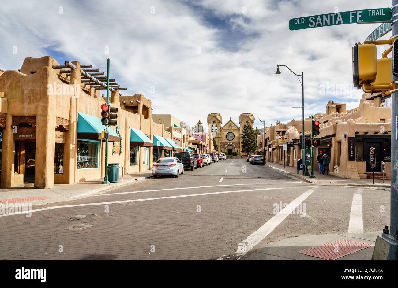 Santa Fe, New Mexico, December 13, 2021: Central street in downtown Santa Fe, NM with a view of Cathedral Basilica of St. Francis of Assisi Stock Photo