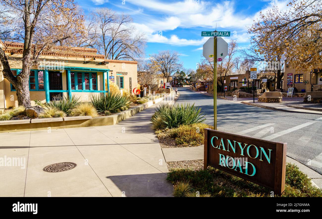 Santa Fe, New Mexico, December 13, 2021: Famous Canyon Road - a home for Santa Fe art district Stock Photo