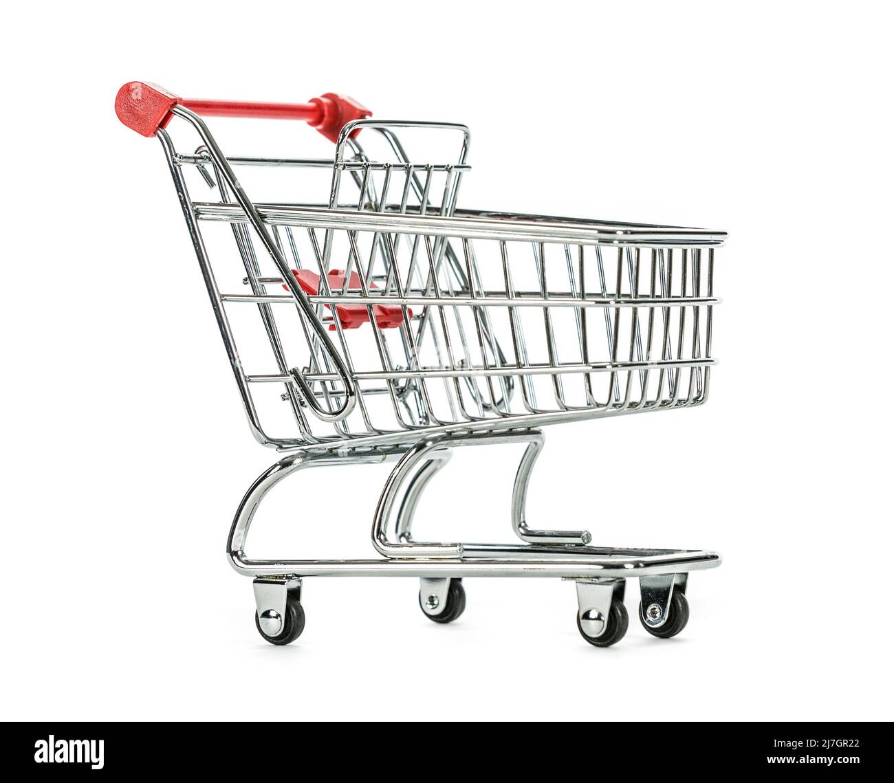 Mini toy chrome shopping cart supermarket trolly isolated on a white