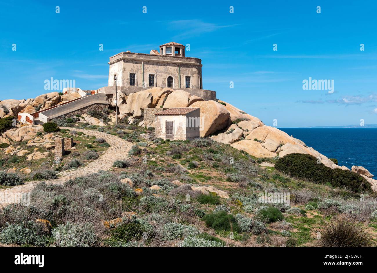 Antico Semaforo - Old Building of Capo Testa Lighthouse, Sardinia, Italy Stock Photo