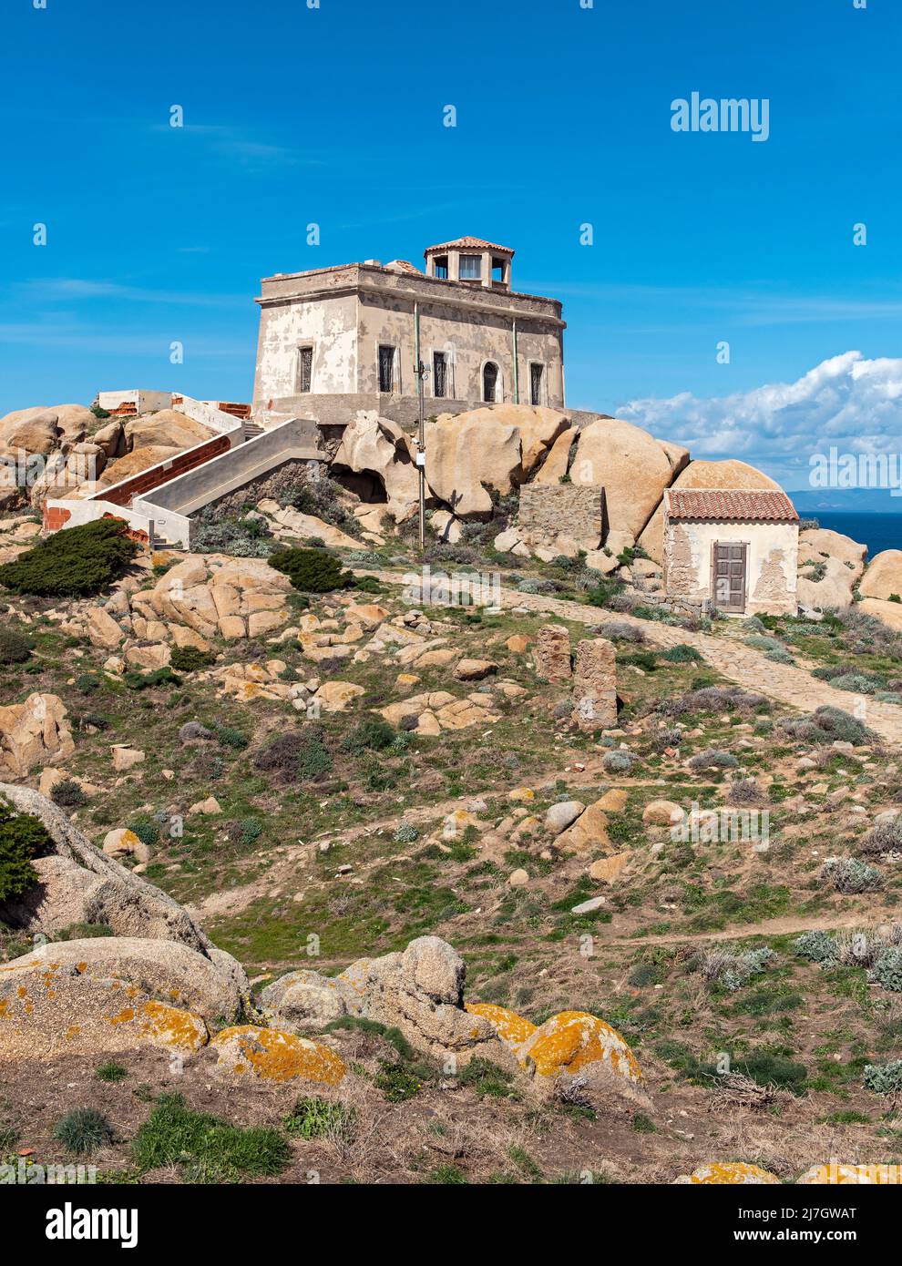 Antico Semaforo - Old Building of Capo Testa Lighthouse, Sardinia, Italy Stock Photo